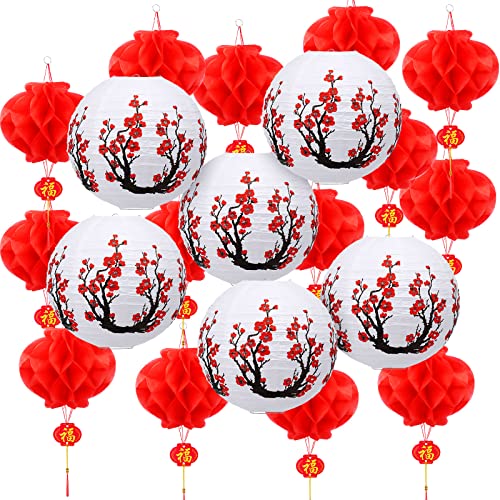 Mudder 20 Pieces Chinese Japanese Paper Lanterns Includes 12 Inch Cherry Flowers Paper Lanterns 7.5 Inch Chinese Red Lanterns for Hibachi Party Asia Home Restaurant Wedding Decor(White)