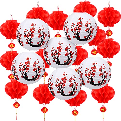 20 Pieces Japanese Chinese Lanterns Decoration Includes 6 Cherry Flowers Japanese Paper Lanterns 14 Chinese Red Lanterns 12 Inch Cherry Blossom Lanterns Home Decor for New Year Spring Festival Wedding