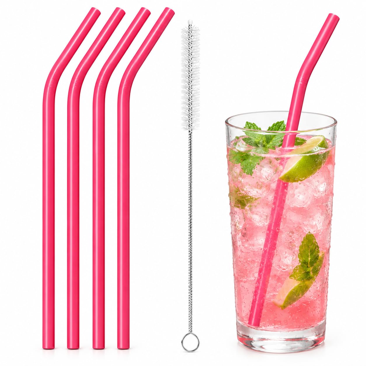 Reusable Pink Stainless Steel Drinking Straws Pack of 4 with Cleaning Brush – Flexible Bent Metal Straws for Smoothies, Juice, Cocktails and Cold Drinks