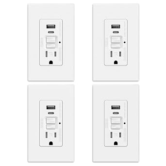 AIDA GFCI Outlet with USB Ports Type-A & C | 15 Amp Tamper-Resistant USB Charging Outlet | 24W Max Output, Self-Test LED Indicator, UL Listed w/Screwless Wall Plate, Matte White 4 Pack