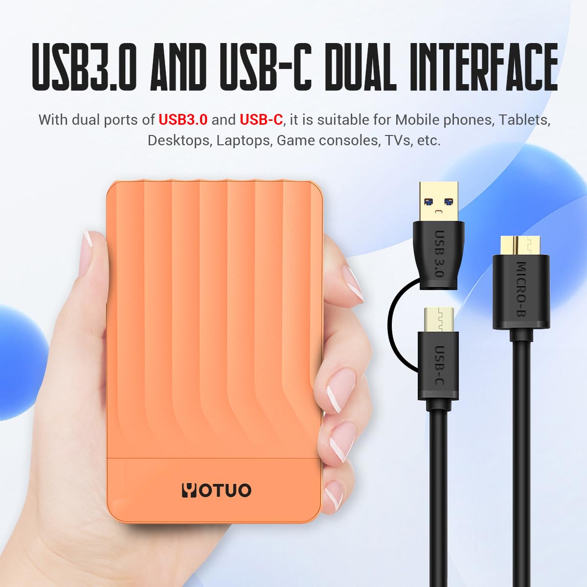 YOTUO Hard disk esterno portatile espansione hard disk mobile HDD USB 3.0 per PC, Mac, desktop, laptop, PS4, PS5, Xbox One X/S, Xbox 360, Xbox Series X/S, ufficio e giochi (arancione, 1 TB)
