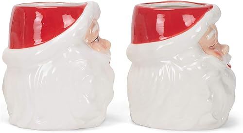 Miniatura 2 de Transpac Juego de 2 tazas navideñas de cerámica de dolomita con caras de Papá Noel sonriente y guiñando un guiño vintage de 12 onzas