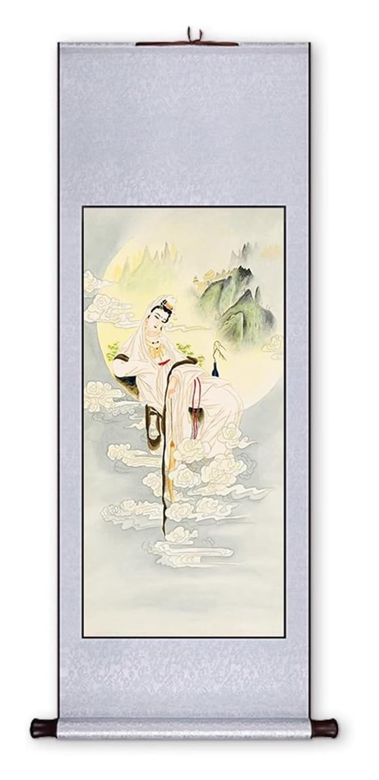 Pomyślny obraz zwoju Guanyin, starożytna chińska poza bóstwa, dekoracja muzeum Feng Shui, kolekcja prezentów urodzinowych(Silvergrey A,79L x 186W cm)