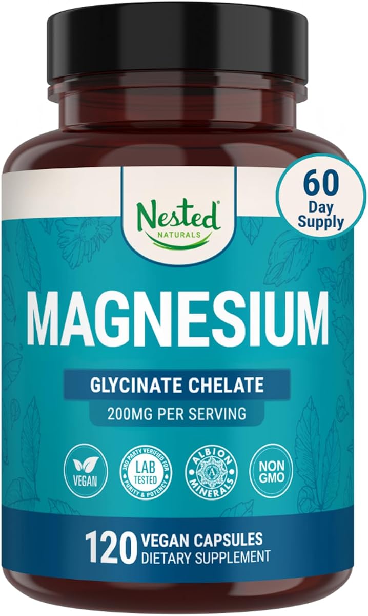 Nested Naturals Magnesium Glycinate Chelate - 200mg Chelated Magnesium Supplement for Muscle Cramps, Relaxation, & Sleep Support - 100% Albion TRACCS Buffered Magnesium Glycinate - 120 Vegan Capsules