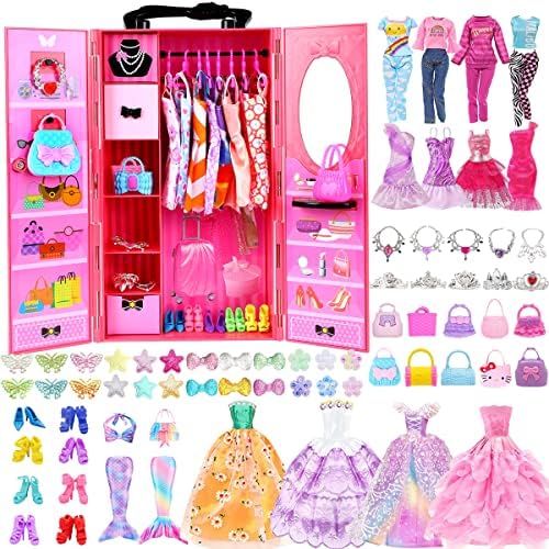 98 Pack Doll Clothes and Accessories with Closet Wardrobe DIY Playset for 11.5 Inch Doll Including Wedding Dress Fashion Dress Casual wear Swimsuit Shoes Hangers Necklace Bags (11.5inch)