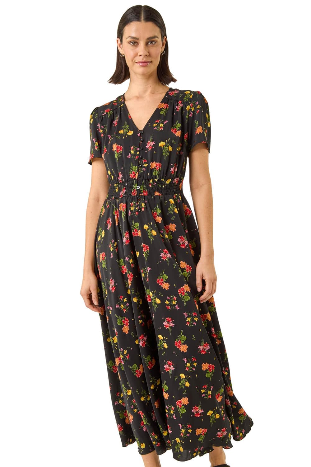 Roman Shirred Empire Waist Dress for Women UK Ladies Midi Maxi Summer Spring Tiered Frill Hem Short Sleeve V Neck Button Through Boho Bohemian Holiday Cruise