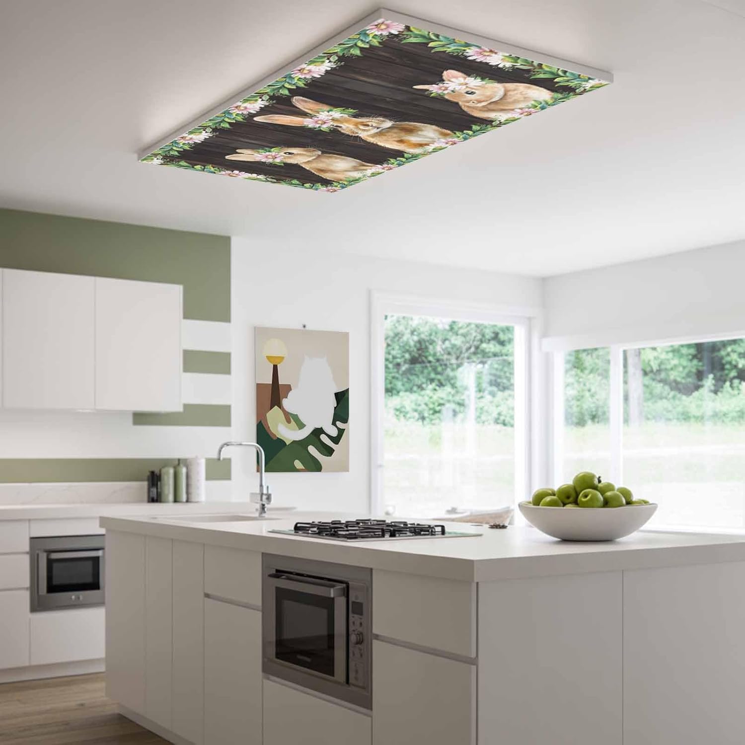 2x4 ft Fluorescent Light Cover for Ceiling Easter Rabbits Green Leaves Pink Daisy Magnetic Light Filters, Brown Wood Board Ceiling Lampshades for Home School Office 4Pcs