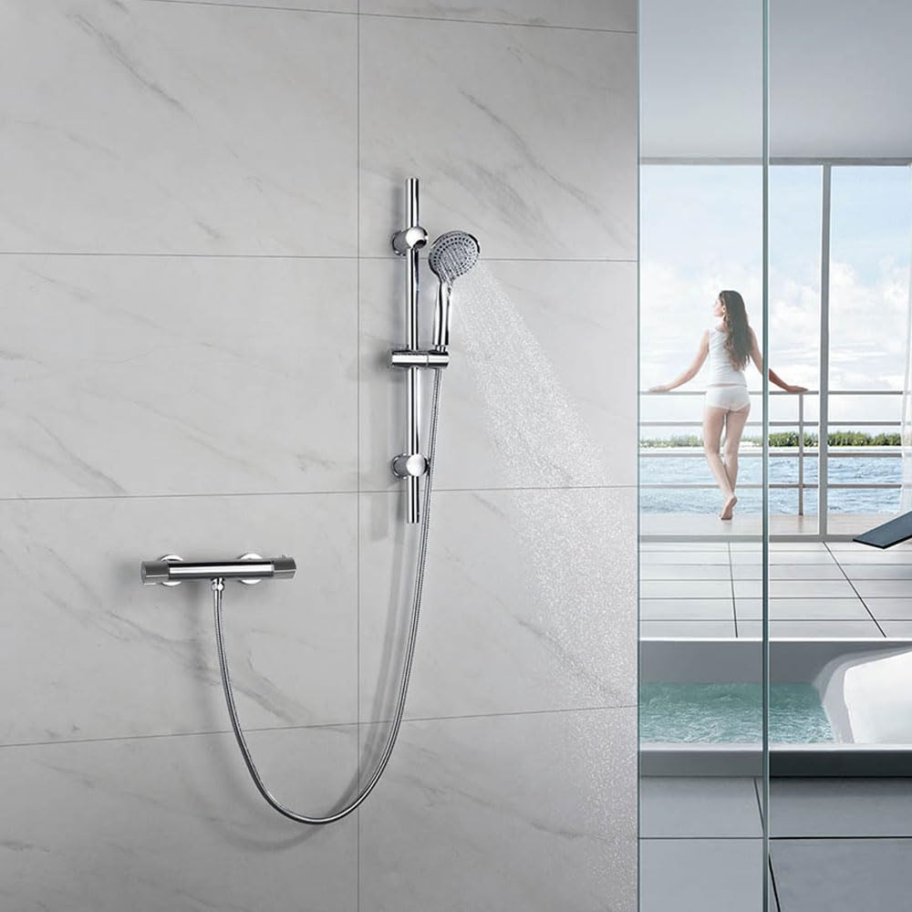 Grifo termostático para ducha ALO con barra y manetas latón grafiladas. Incluye flexo de acero inoxidable, mango de ducha y barra de ducha
