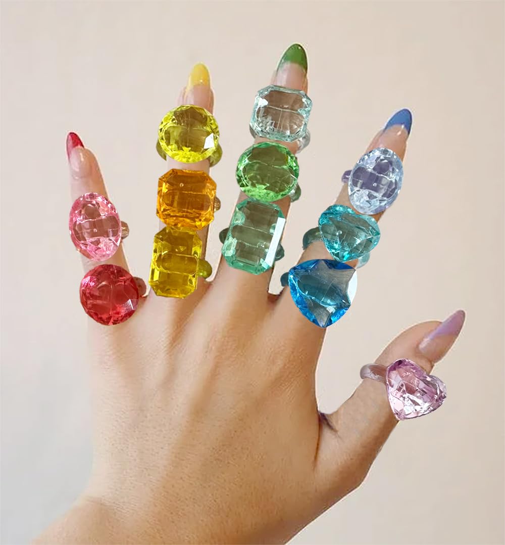Plastikowe pierścionki akrylowe, różne kształty, różne kolory, diamentowe pierścionki, na imprezę | zabawka karnawałowa | torba upominkowa | Birthday for Girl/Kids