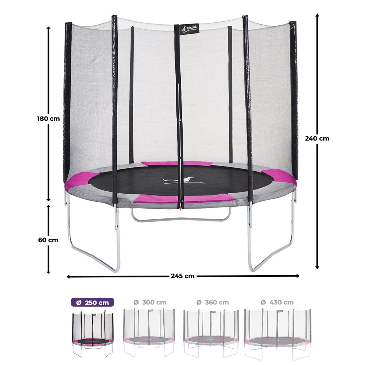 KANGUI Trampoline extérieur Gris/Rose avec Filet, échelle, bâche et kit d’ancrage – Ø250, Ø300, Ø360, Ø430 cm – RALLI