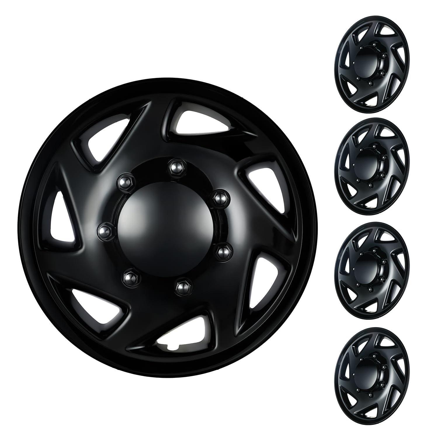 Photo 1 of 16 Inch Hubcaps Compatible with 1992-2014 Ford E150 E250 E350 Van, Gloss Black Wheel Covers for Factory 8 Lug Steel Wheels, F8UZ-1130-AA Replacement, Snap-On Hubcap Set of 4 (Black)