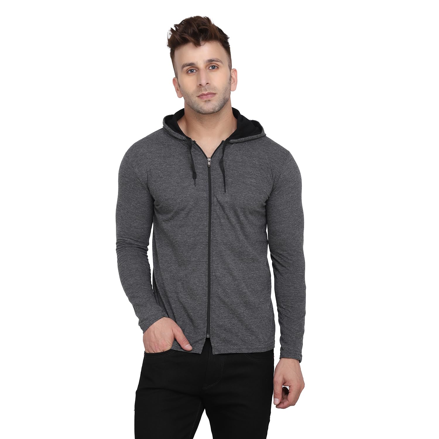 Men’s Full Sleeve Zip-Up Hooded T-Shirt | Slim Fit Cotton Hoodie for Casual & Active Wear Grey-image-19