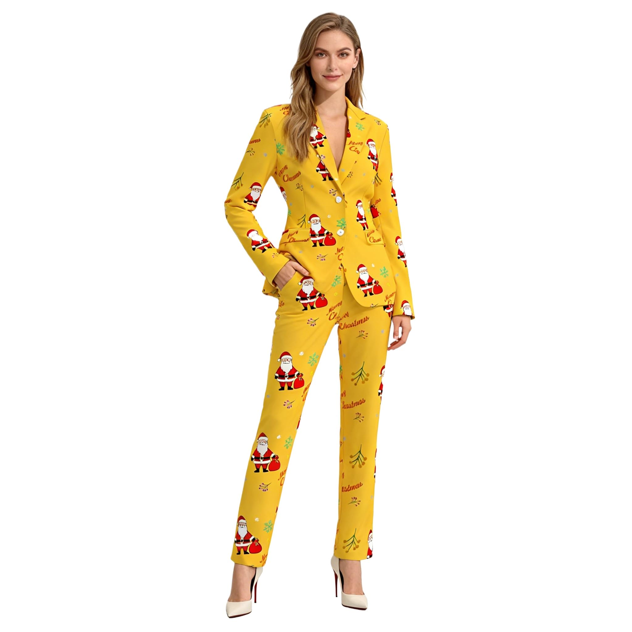 Womens Christmas Suits 2 Piece Santa Outfit for Women Printed Party Prom Blazer Pants Set