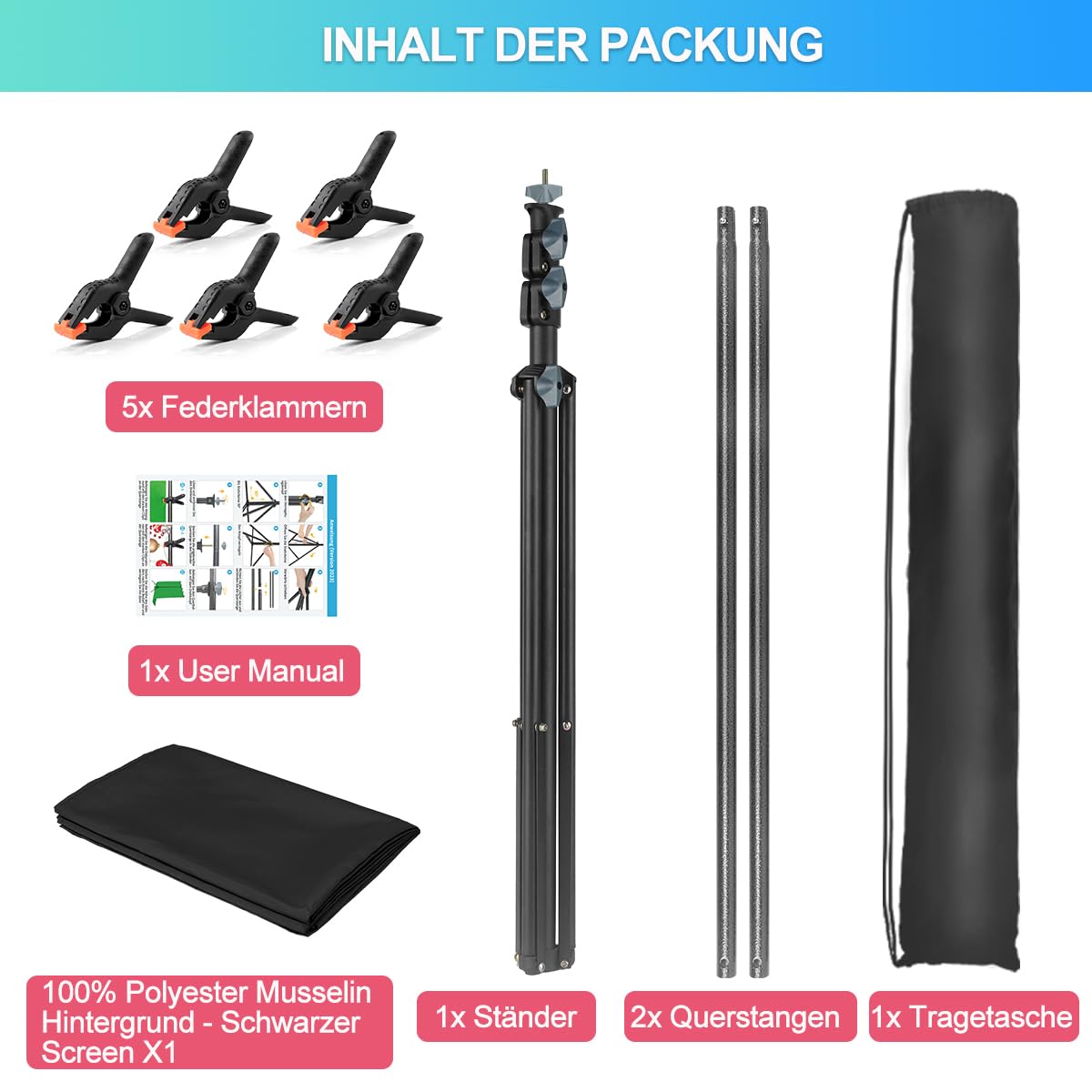 Greenscreen con Supporto, 1,5 x 2 m, Supporto per Foto Regolabile, Sfondo Nero, 1,5 x 2 m, con 5 Morsetti e Borsa per lo Streaming Gaming, Servizi Fotografici, Prodotto Fotografico, Video