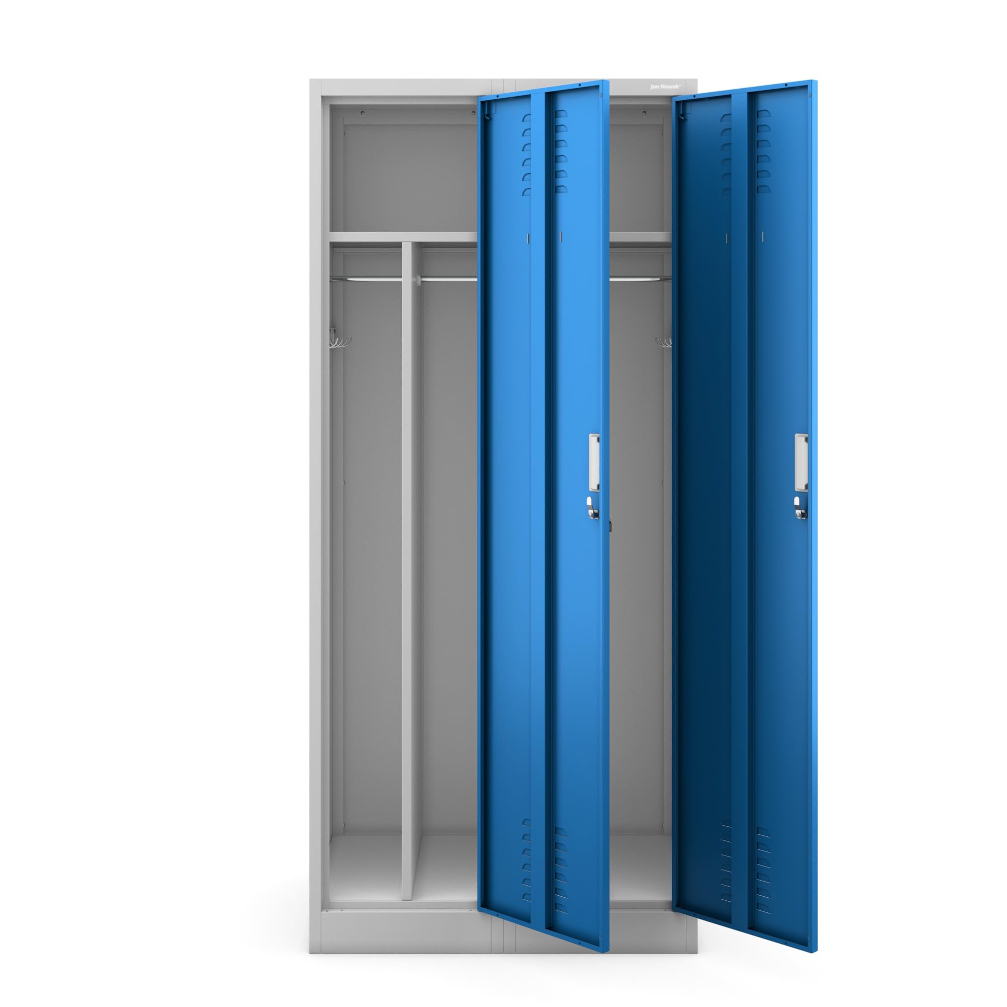 Jan Nowak Spind Schrank, Metallschrank, Kleiderschrank, Schließfachschrank | 2 Abteile mit Kleiderstange, Trennwände, Lüftungsschlitze, 4 Kleiderhaken pro Abteil | 180 cm x 80 cm x 50 cm, Grau-Blau