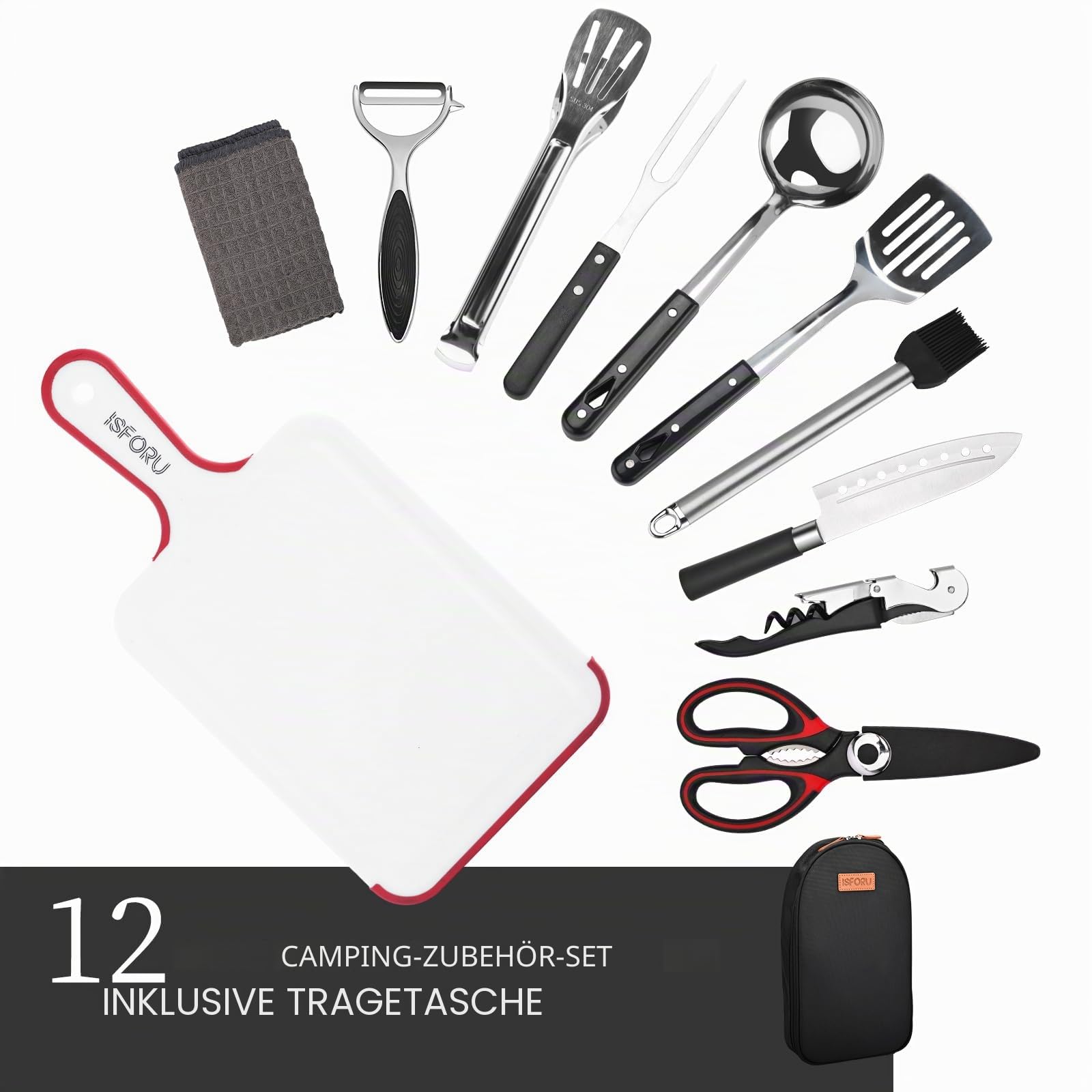 Camping Küchenhelfer Set, ISFORU 12PCS Camping Kochgeschirr Küchengerät Set mit Santokumesser Küchenscher Pfannenwender Zange Schöpflöffel Schneidbretter idea für Picknick Reisen Wandern
