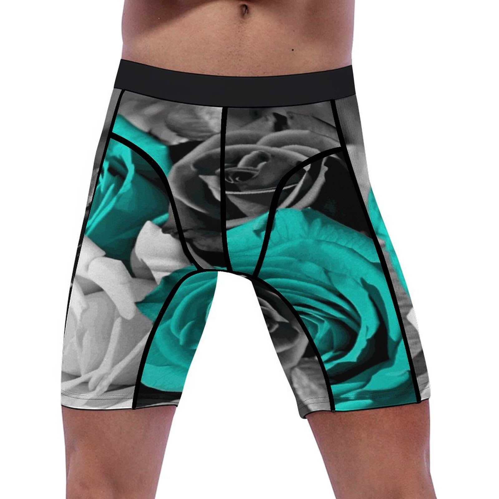 Aqrjlpm Men's White Black Teal Gray Rose Flowers Compression Shorts Spandex Sport Shorts Workout Performance Baselayer Underwear, Large-Xx-Large