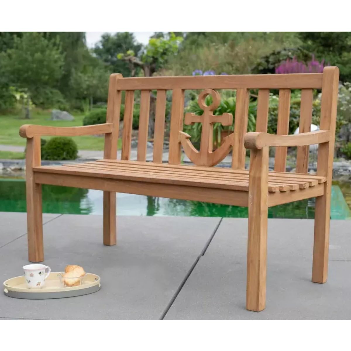 Goldene Hochzeit Bank mit Gravur-Schild zB Herzen (Namen), Gartenbank Anker 120cm Teakholz, Edelstahlschild personalisiert Geschenk-Idee 50. Hochzeitstag