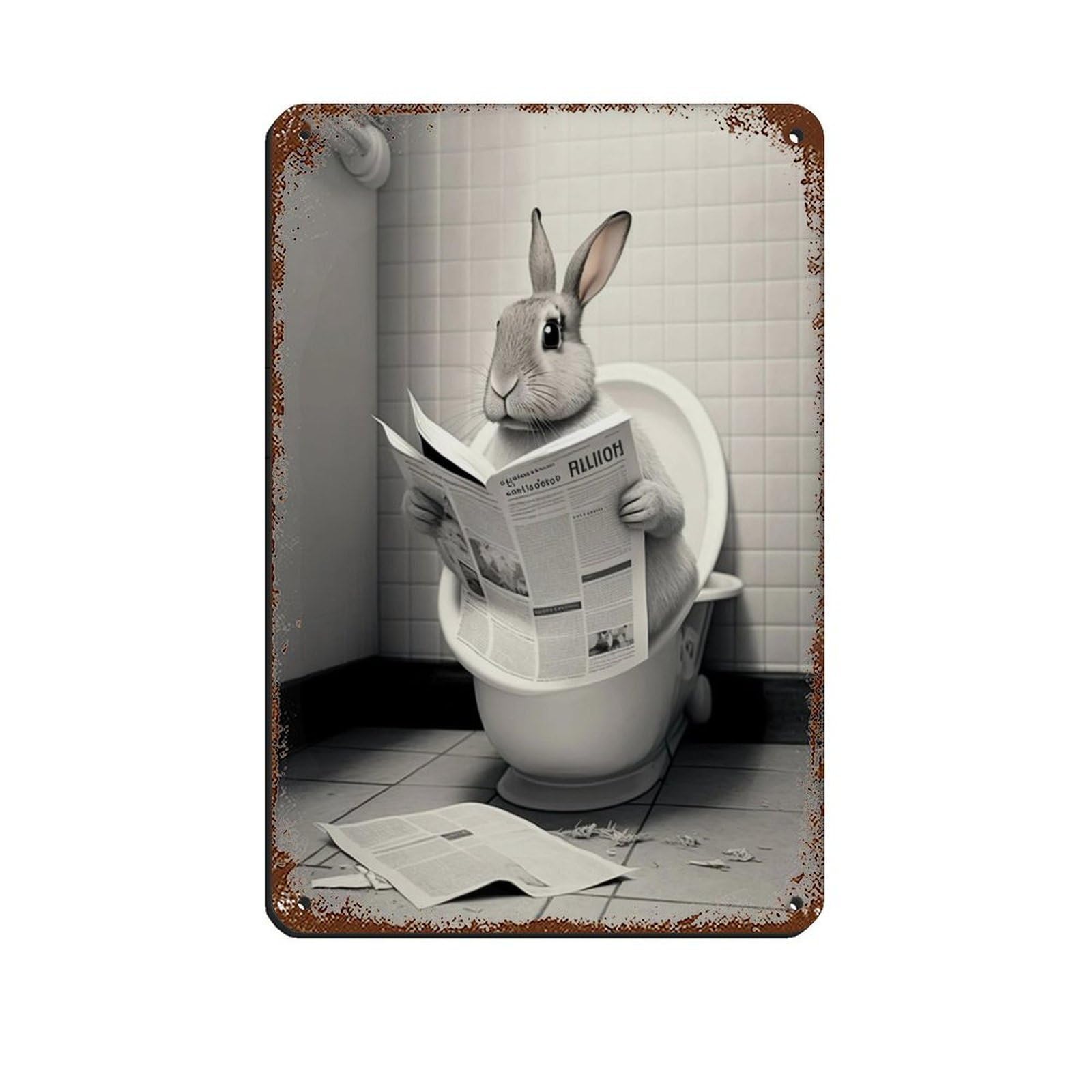 Rabbit Sitting on The Toilet Reading A Newspaper Tin Sign Vintage Metal Pub Club Cafe Bar Home Wall Art Decoration Poster Retro 8x12inch(20x30cm)