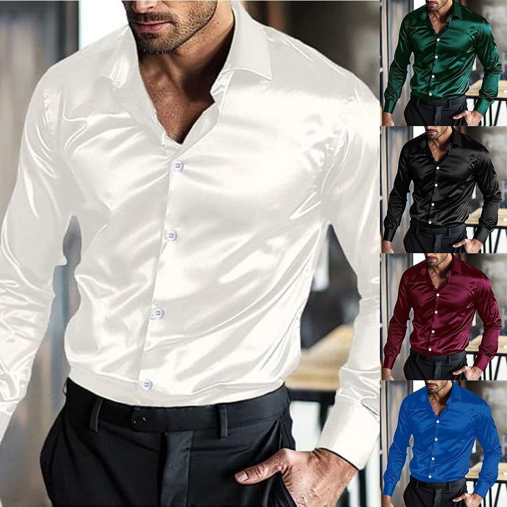 SPORTARC Camicia da uomo in raso di seta, a maniche lunghe, casual, per matrimoni, feste e discoteche