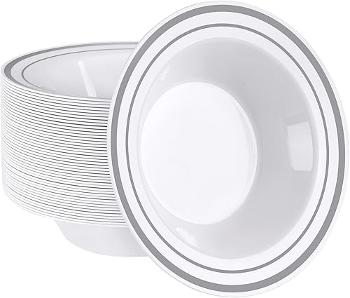 SETUP 50 cuencos de sopa de postre con borde plateado, cuencos de plástico desechables, de alta resistencia para fiestas, bodas y todas las ocasiones