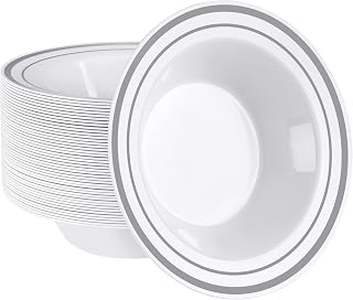 SETUP [12 oz. - 50 Piece Dessert Soup Bowls with Silver Rim, Plastic Bowls Disposable - Premium Heavy-Duty Disposable Soup Bowls for Party, Wedding, and All Occasions