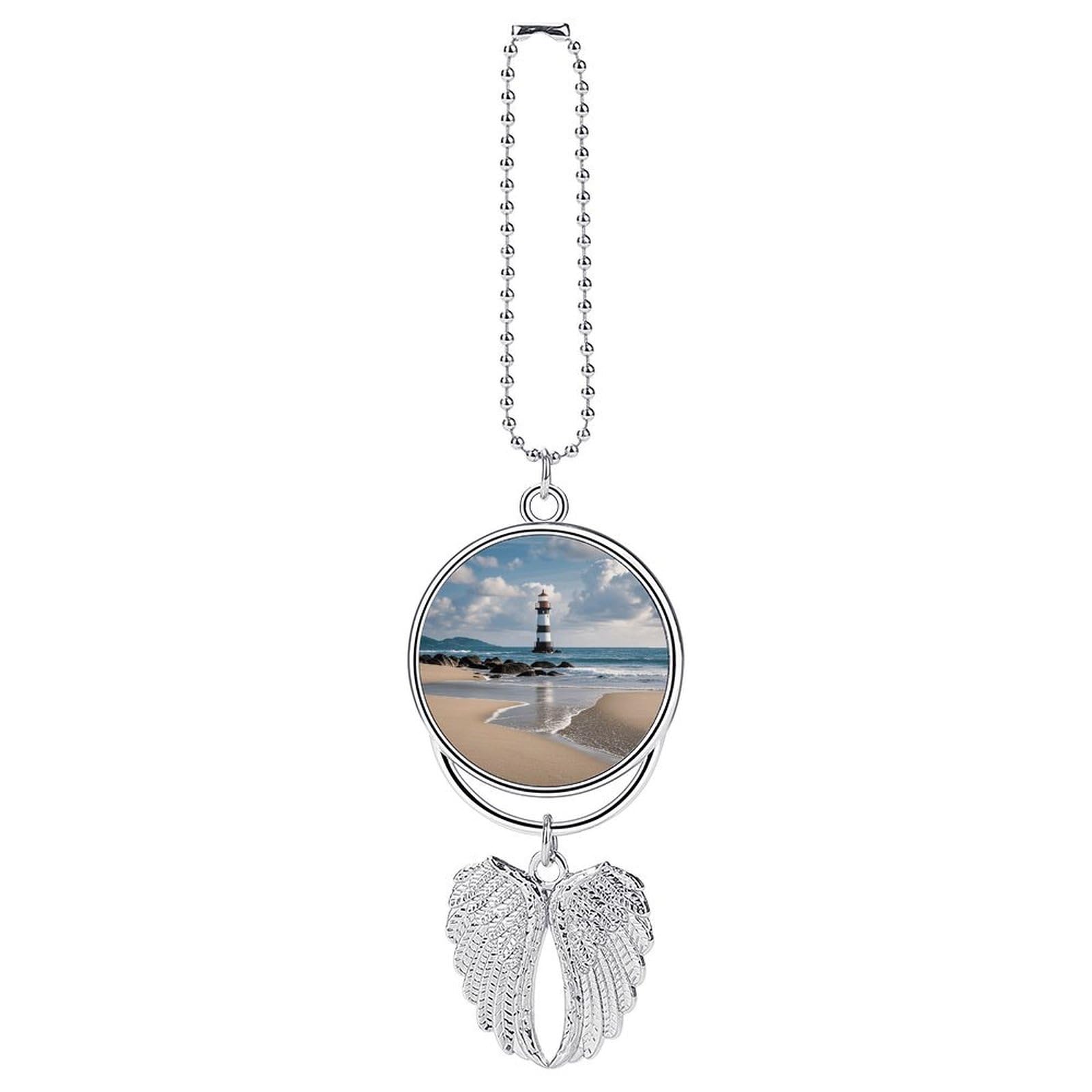 Sea Lighthouse Sandbeach Car Pendant Car Rearview Mirror Pendant Custom Photo Car Hanging Ornament Car Rear View Mirror Hanging Accessories Angel Wing Car Charm Gift for Men Women