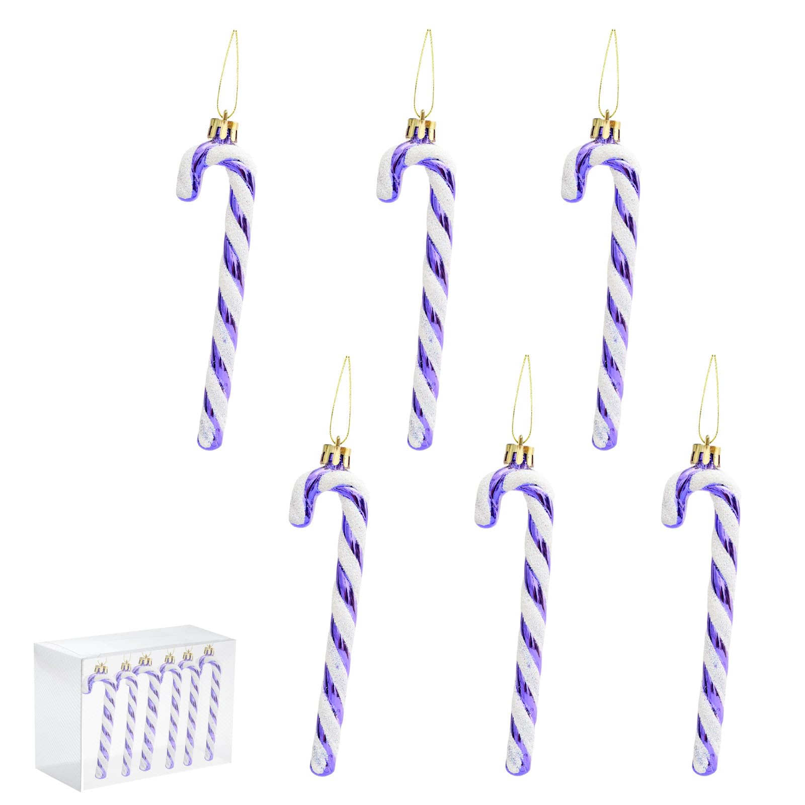 Yayafunfun 6pcs Purple Plastic Candy Cane Christmas Tree Decorations, 13cm, Glitter, Hanging, Traditional Style, Christmas Occasion