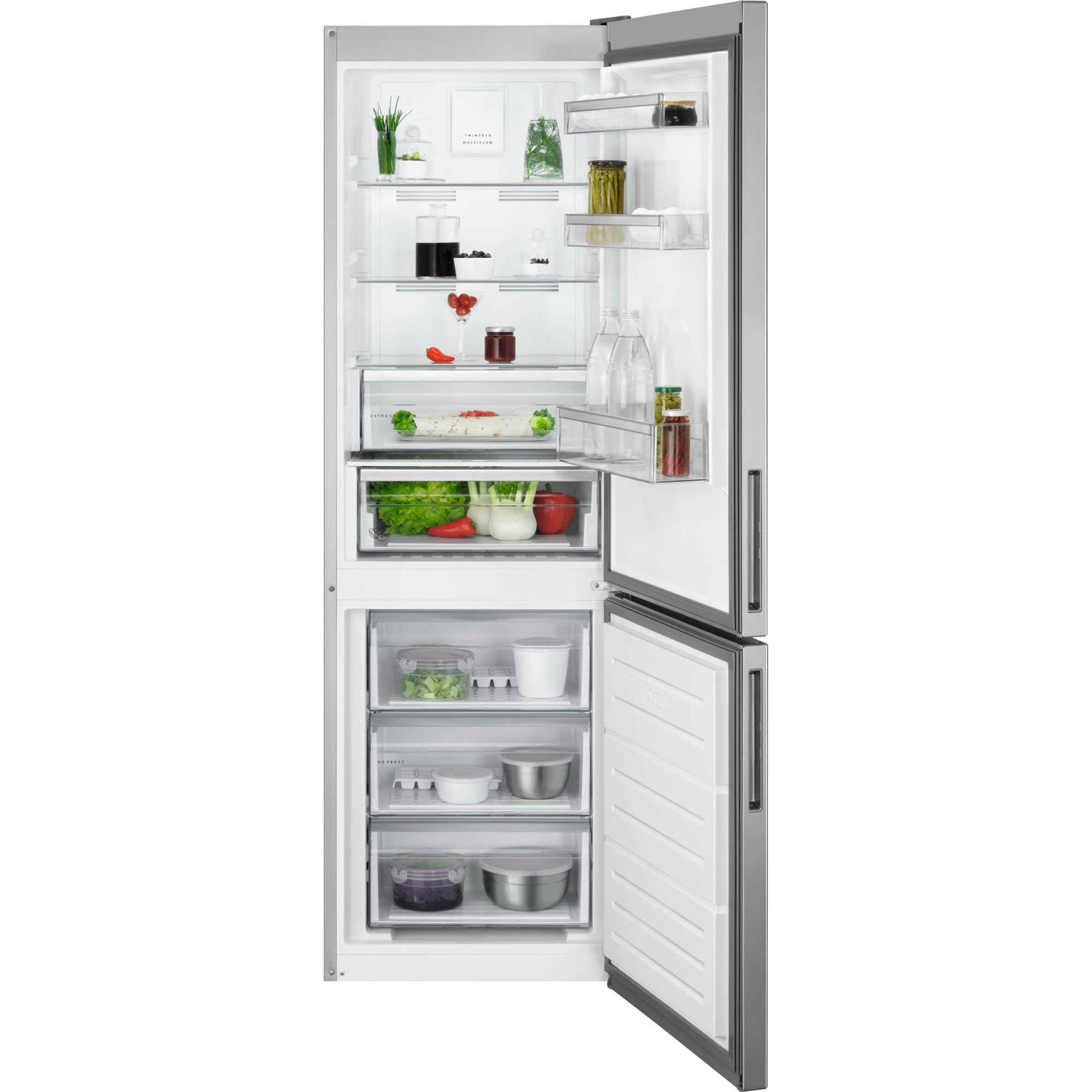 AEG 6000 Series Fridge Freezer RCB632E2MX TwinTech No Frost, Freestanding, Multiflow, 186cm, 230/101 litres, Stainless Steel with Antifingerprint & Grey [Energy Class E]