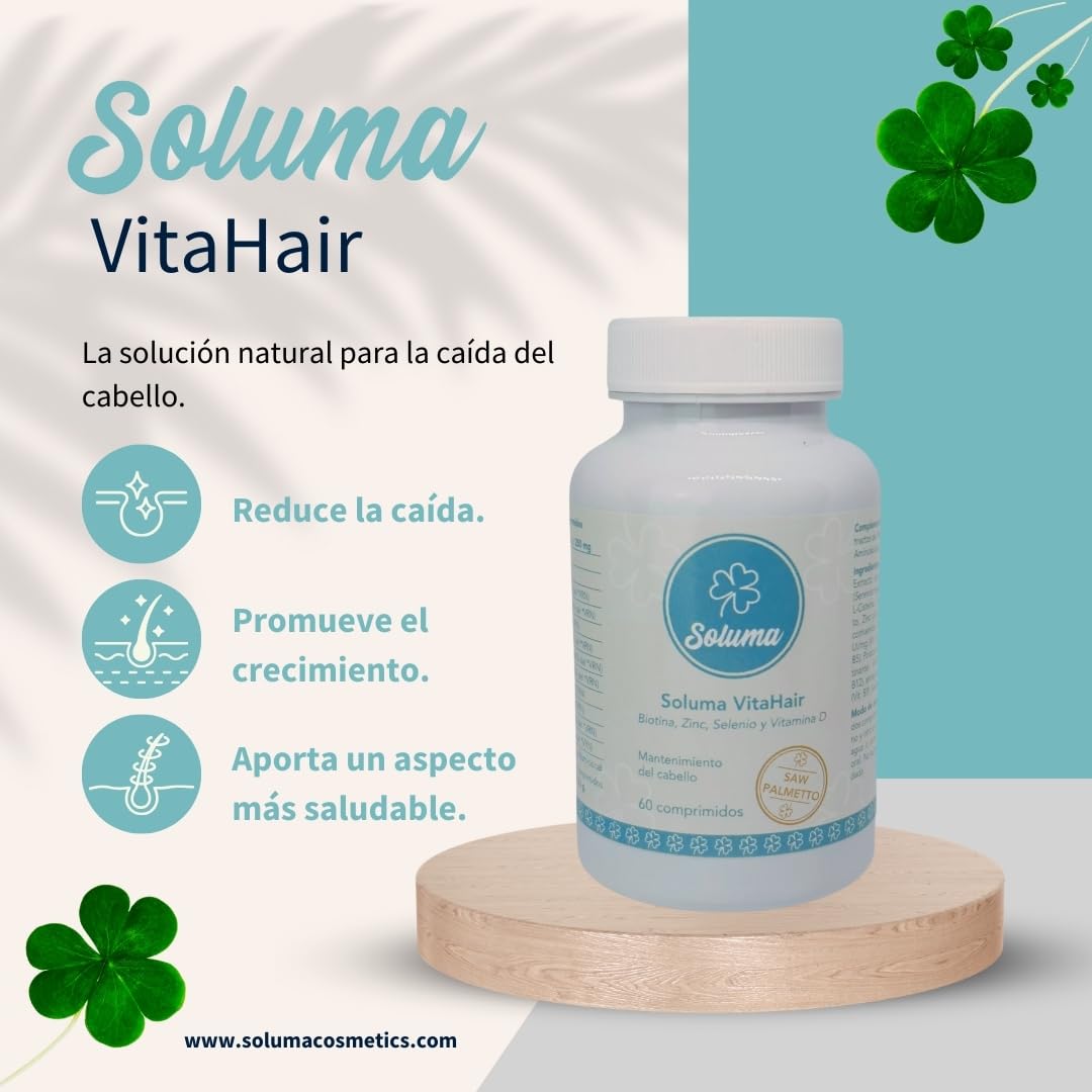 Vitaminas para el pelo - Crecimiento y Anticaida Cabello Hombre con Saw Palmetto, Biotina, Zinc, Selenio, L-Cisteina - Vitaminas capilares Hair Complex SOLUMA VITAHAIR