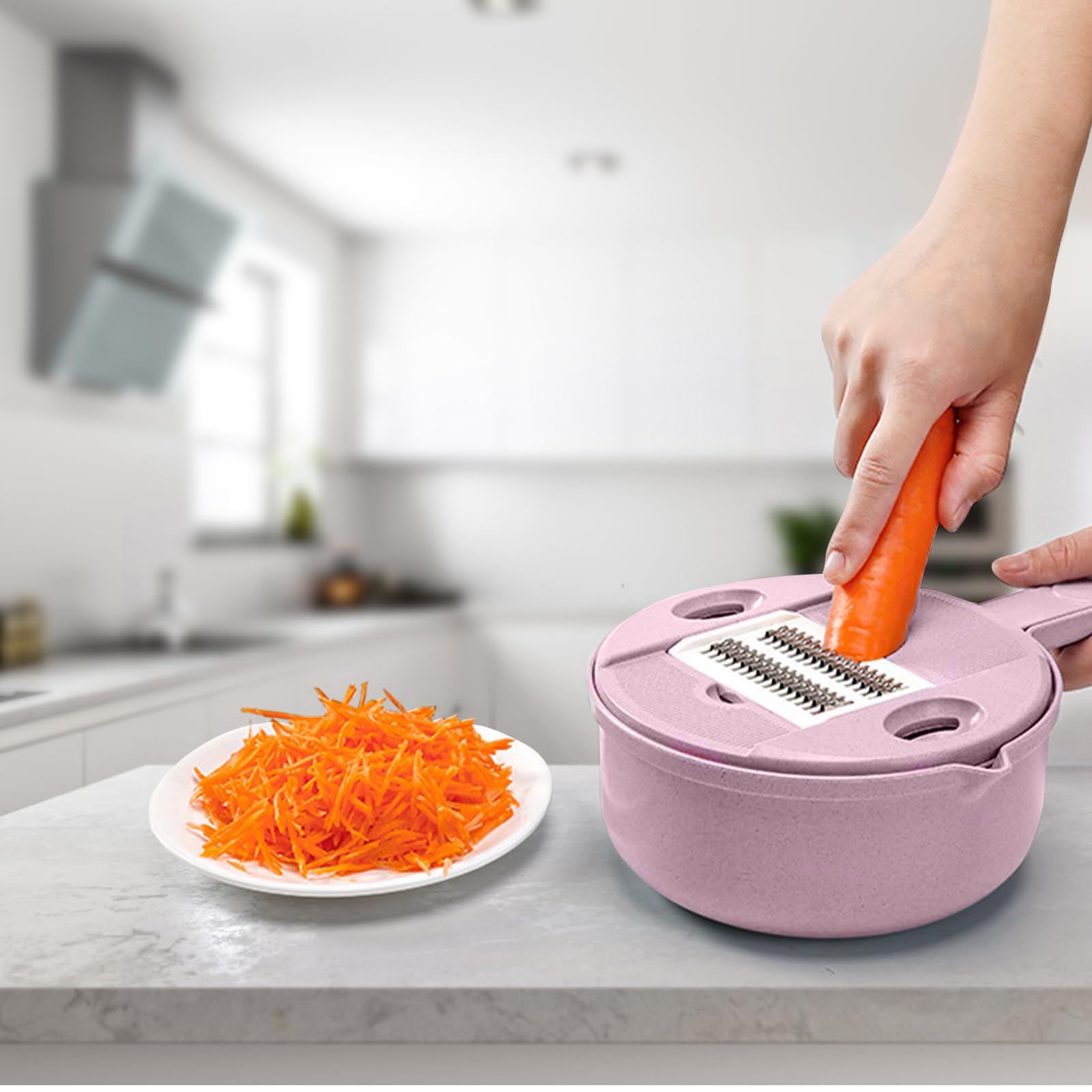 Tagliaverdure con contenitore, 12 in 1, multifunzione, affettatrice per verdure, frutta, grattugia da cucina, lame in acciaio inox con cestello di scarico