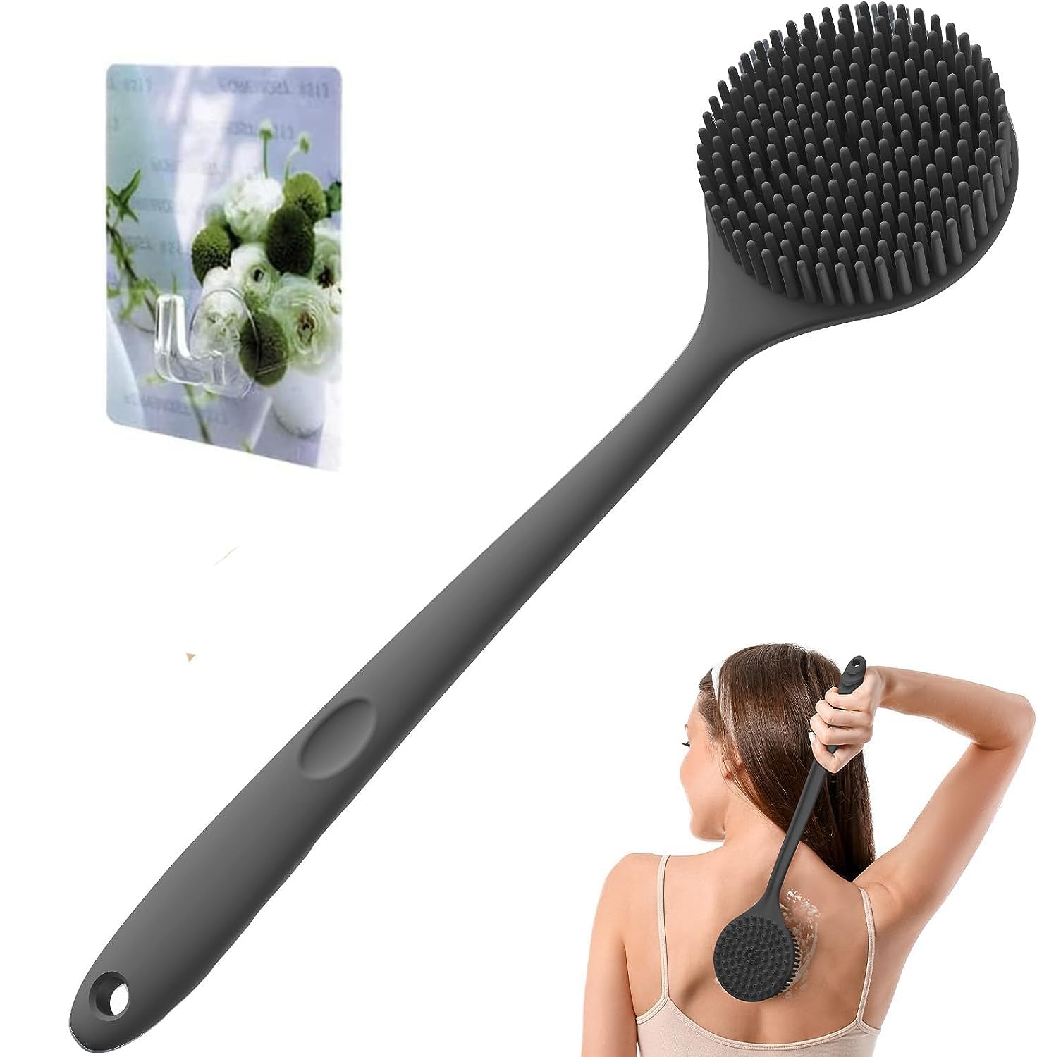 Amzuia Body Bath Brush,15 Inch Silicone Back Scrubber for Shower, Long Handle Double Sided Shower Brush, Light & Easy-to-Hold Shower Brush for Skin Exfoliating and Massaging(Black)