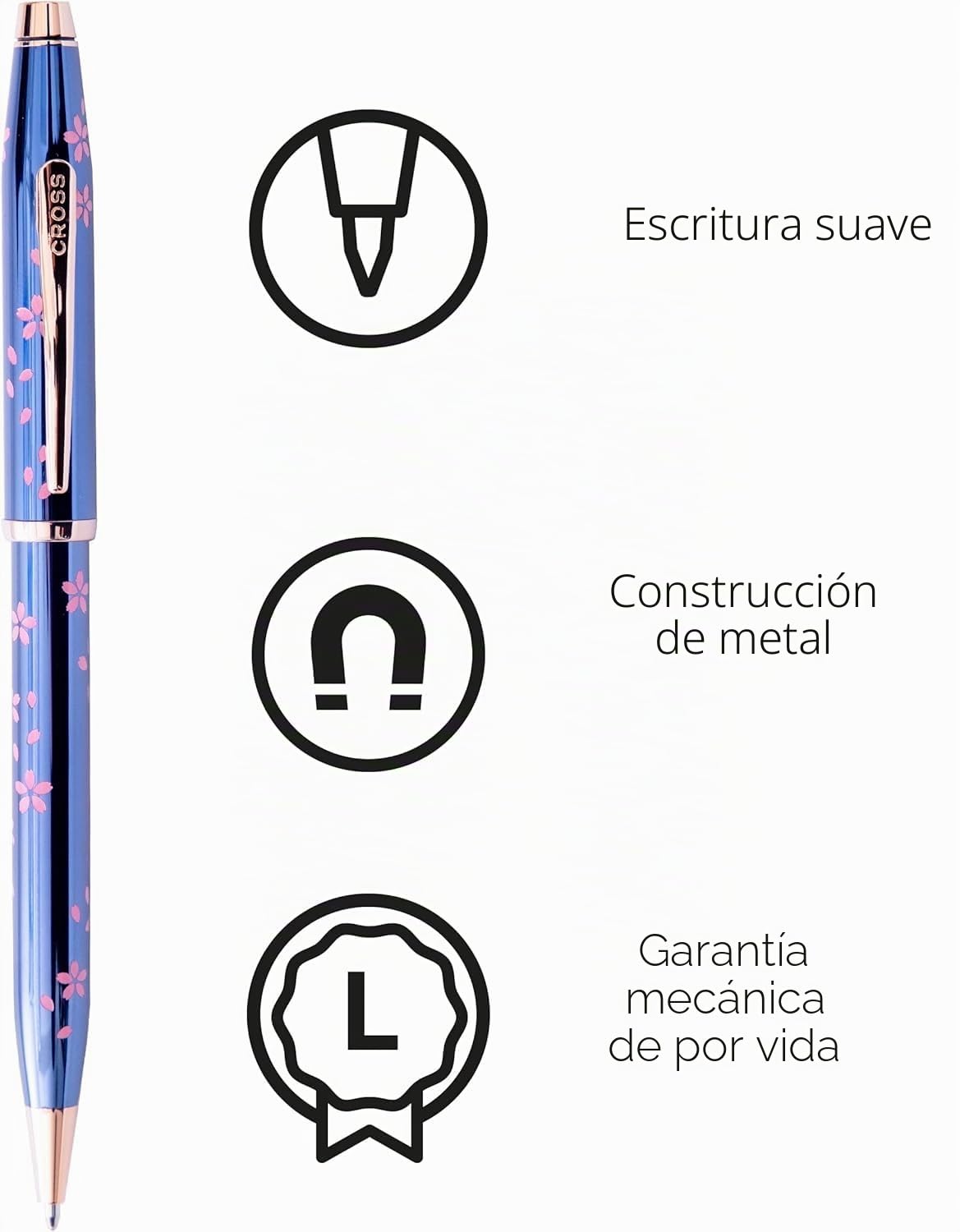 Cross Century II Cherry Blossom - Bolígrafo (trazos M, color de escritura: negro, mecanismo de giro, incluye caja de regalo), color azul translúcido, herrajes de acero inoxidable chapado en oro rosa