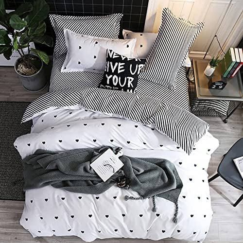 Beyeutao Black White Duvet Cover Set Lovely Heart-Shaped Reversible Geometric Plaid 3PC Bedding Set Stripe Quilt Cover Set Double Size.(White and Black, 3PC&Double)