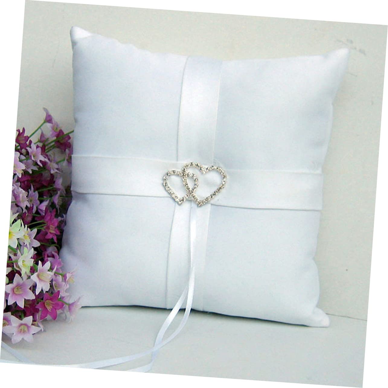 ABOOFAN Double Heart Bearer Pillow Ribbons Elegant Wedding Ceremony Accessory White Satin Decorated Pillow for Brides