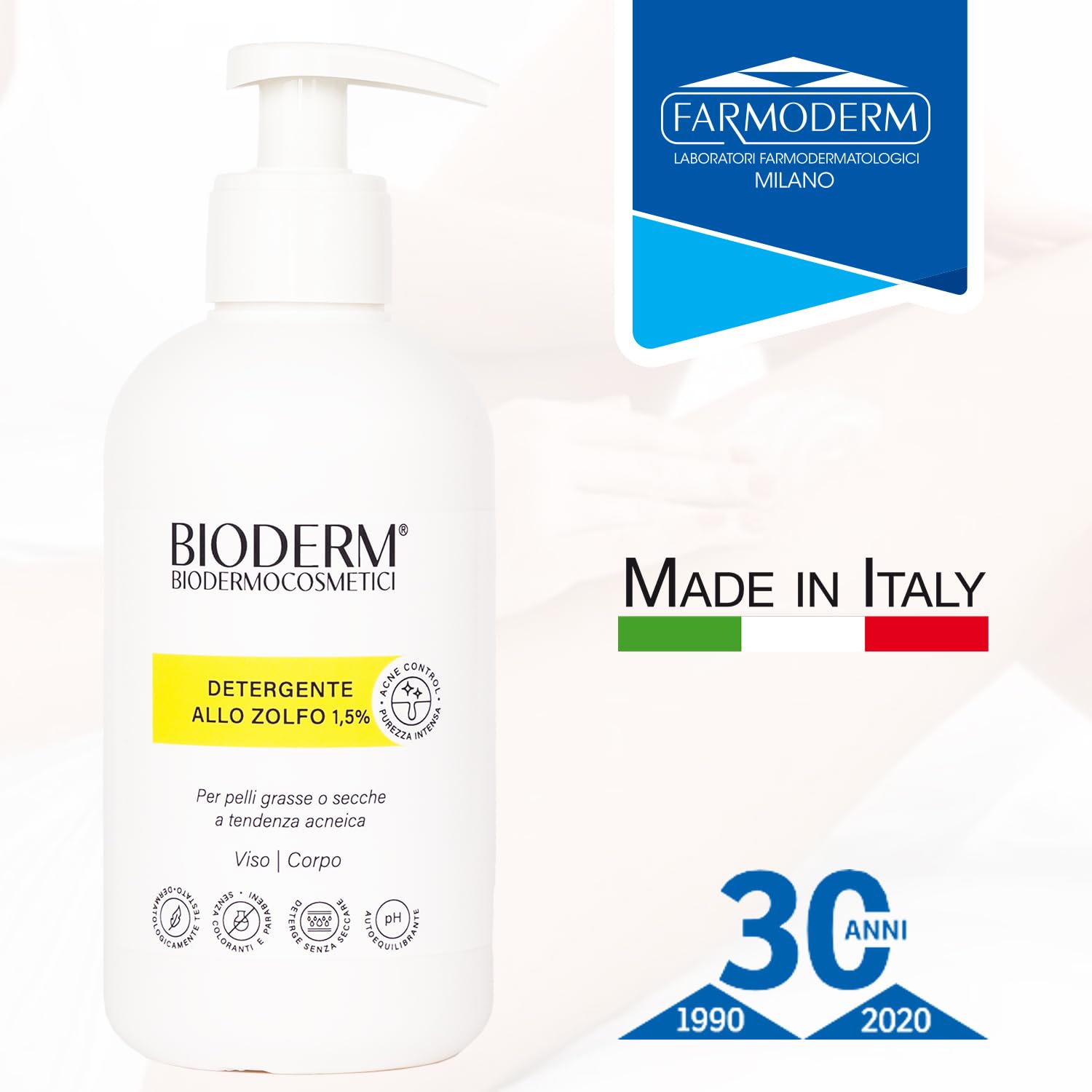 Bioderm S Detergente allo Zolfo 1,5% – Detergente Viso e Corpo per Pelle Grassa e Impura, Acne e Punti Neri – Azione Purificante e Sebo-Normalizzante – 300 ml con Erogatore