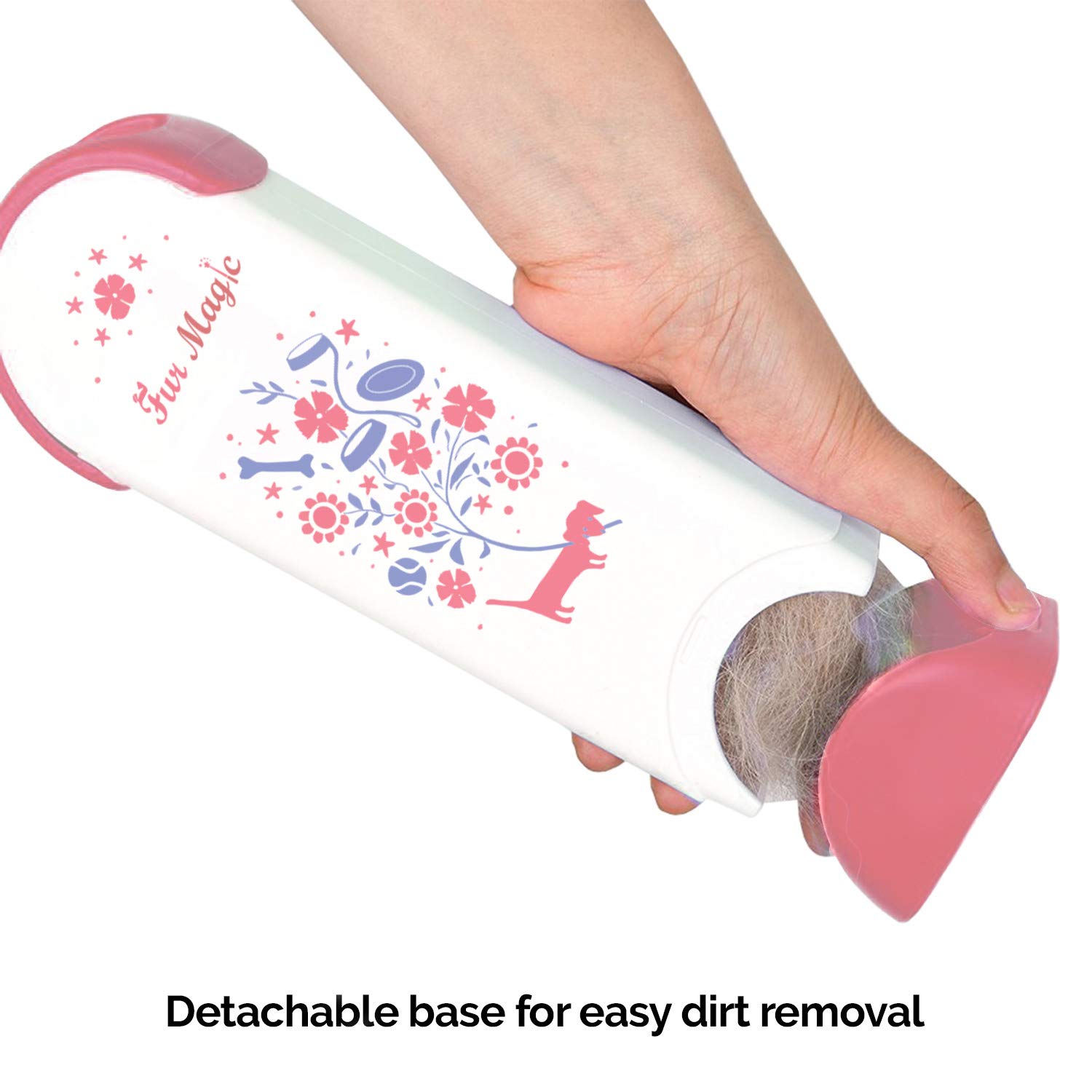 Fur Magic Pink Pet Hair Remover Lint Brush With Self-Cleaning Base + Pair of Grooming Gloves, Remove Hair from Furniture Sofa - Image 3