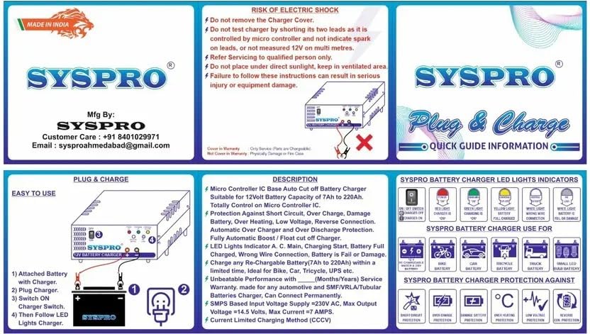 Image of SYSPRO Automatic Battery Charger with 7 AH to 100 AH Battery Charging AMF Panel Bike Truck Car Toys and 12V Charger