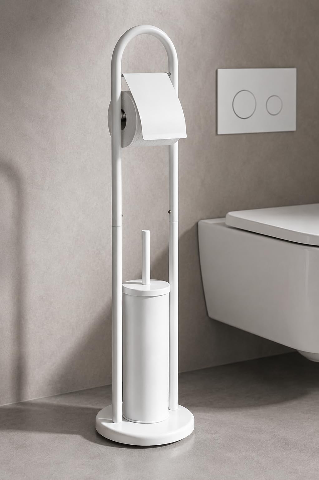 Porta Rotolo con Scopino WC da Terra in Acciaio Inox, Porta Carta Igienica Bagno Moderno Salvaspazio (Bianco)