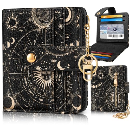 Image of Bistup Small Card Wallet for Women with Keychain, Celestial | durable material, clear ID window,, compact design for daily carry, sturdy keychain, aesthetic