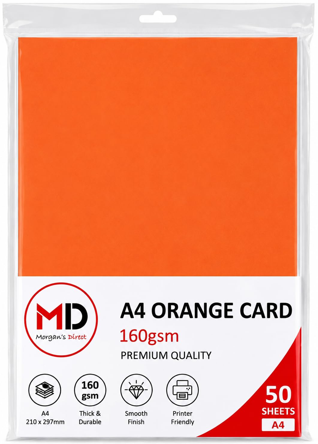Morgan's Direct A4 Orange Card 160gsm – Pack of 50 Sheets | Premium Paper for Printing, Arts & Crafts, Card Making, School, Office, Invitations, Posters & DIY Projects
