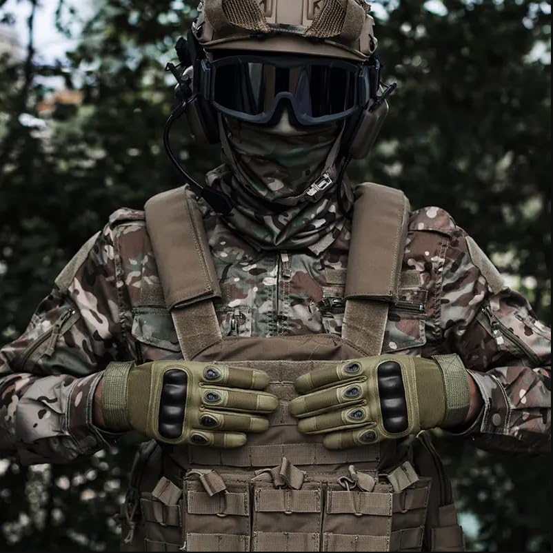 Home Brilliant Military Tactical Gloves – Reinforced Hard Knuckle, Touchscreen, Anti-Slip Shooting Gloves for Riding, Airsoft & Outdoor Use (Green Full Finger Gloves) 1