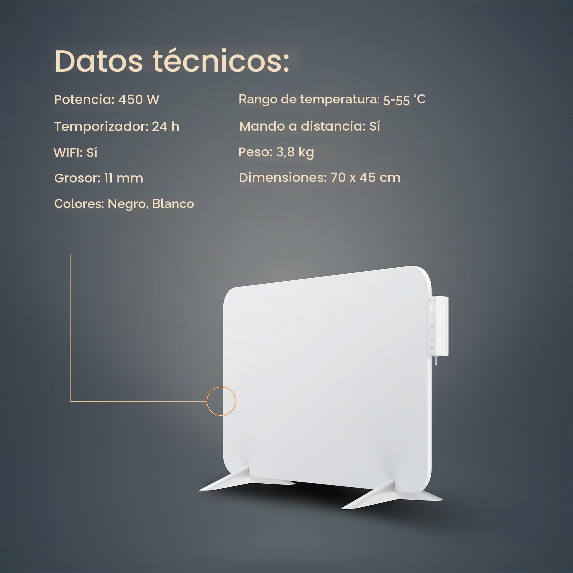 BR Bringer calefactor eléctrico por infrarrojos 450 vatios con termostato inteligente y mando a distancia, WIFI y app - para montaje en pared o uso móvil, ahorro de energía (blanco)