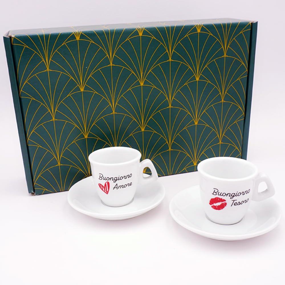 BrandPrint Set 2 Tazzine Caffè con Piattino - Serigrafia Artigianale BUONGIORNO AMORE, BUONGIORNO TESORO in Box Elegante - 100% Made in Italy - Regalo Coppia San Valentino, Anniversario, Matrimonio
