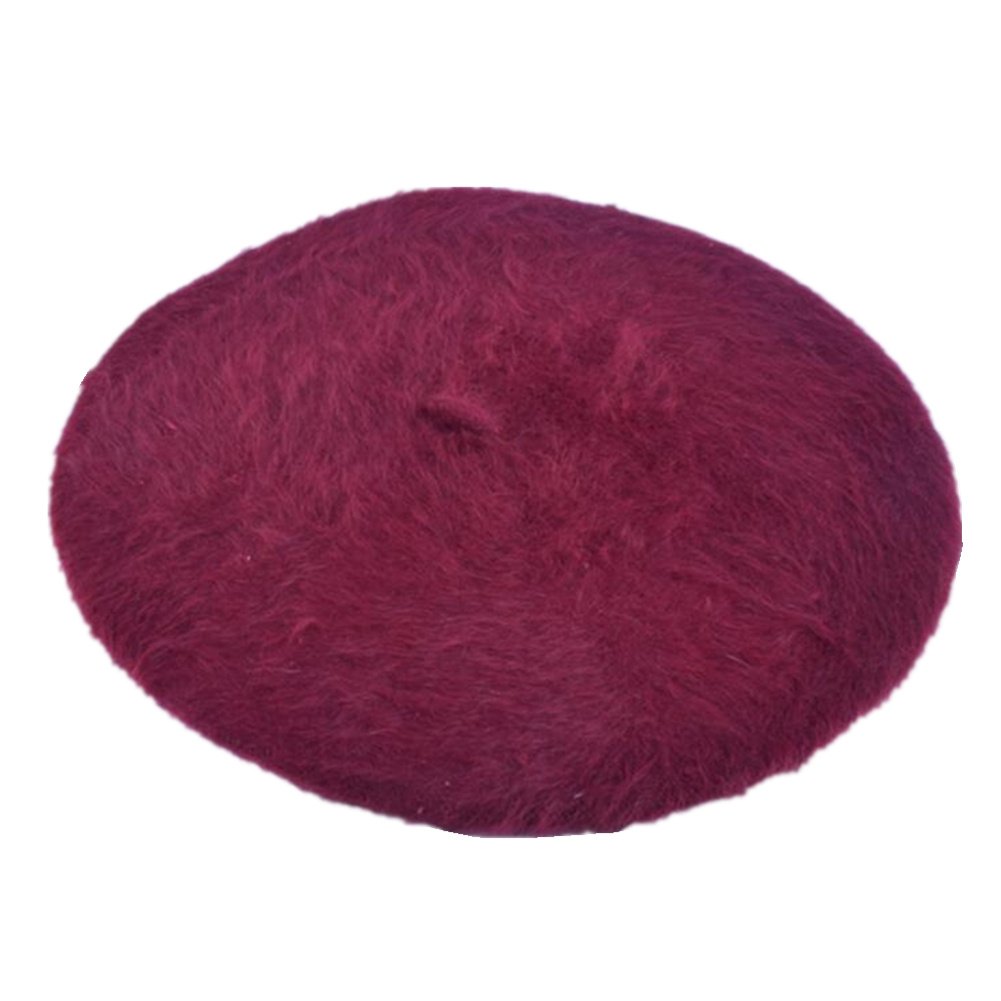 JOYHY Women's Fluffy Solid Classic French Style Beret Beanie Hat Wine Red
