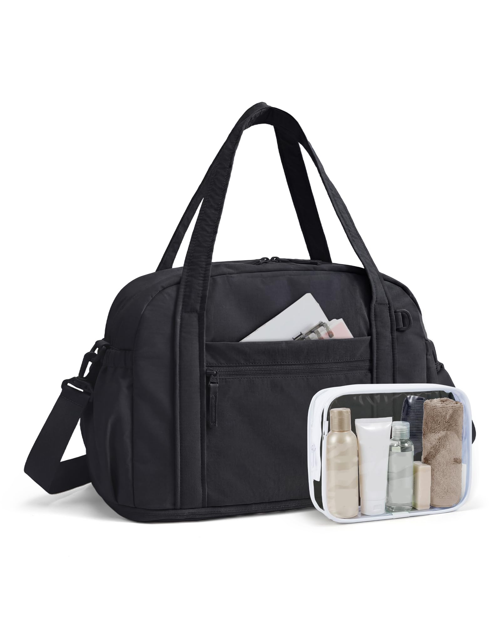 BAGSMART Expandable Personal Item Travel Bag, Lightweight Gym Bag for Women, 24L Weekender Travel Duffle with Toiletry Bag, Carry on Overnight Duffel, Black