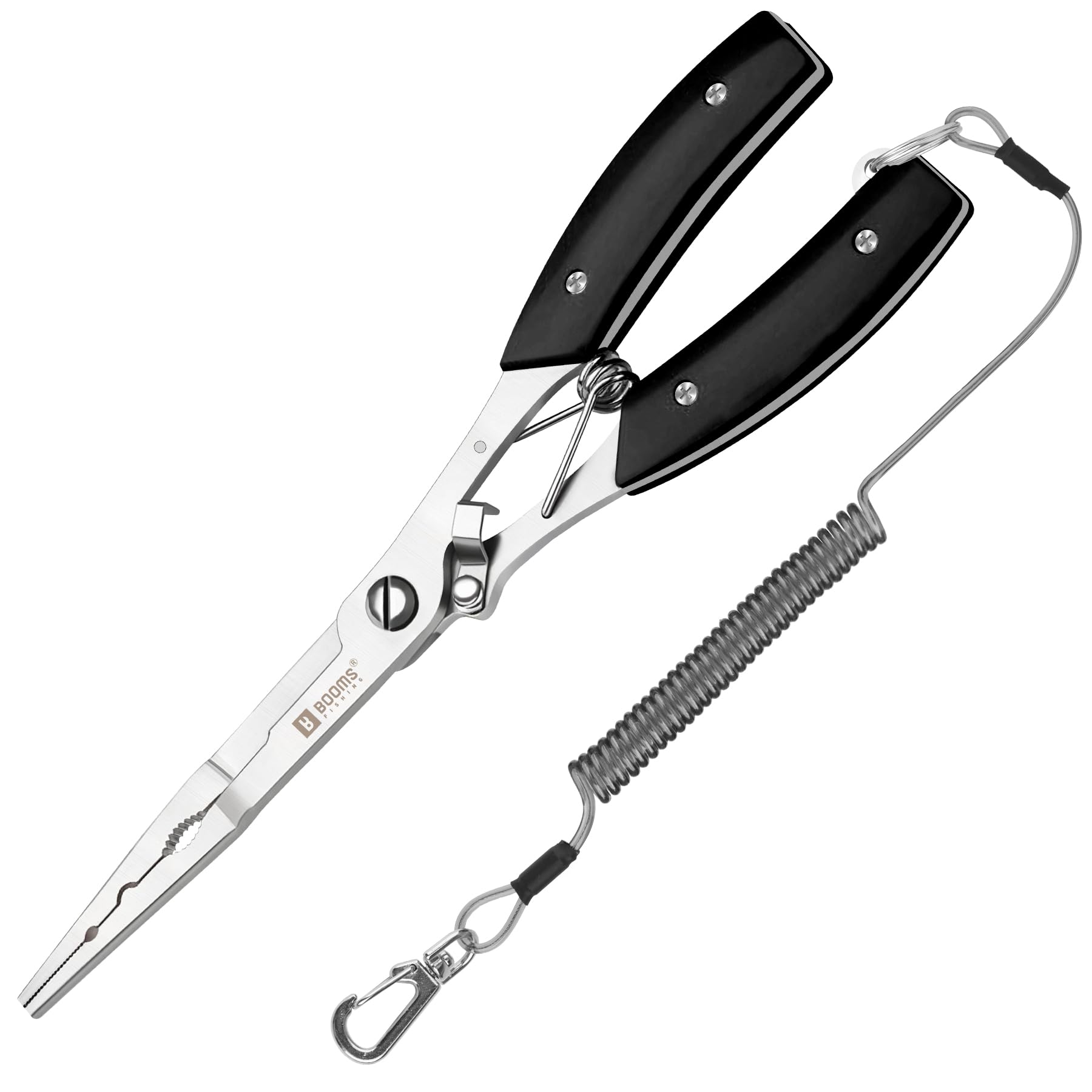Booms Fishing Hook Remover Pliers, Long Nose, Braid Cutter, Lanyard, Black