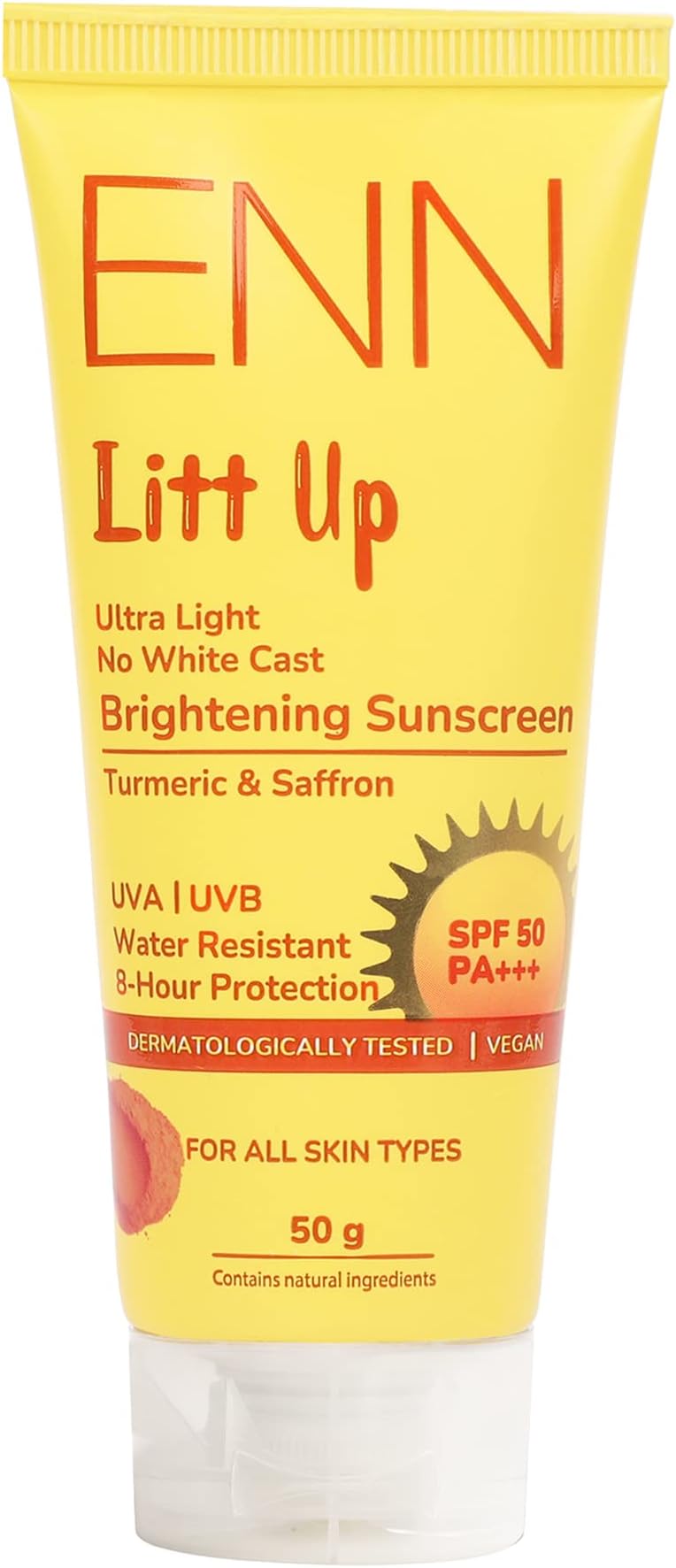 ENN Litt Up Ultra Light Brightening Sunscreen Spf 50, No White Cast, UVA & UVB Protection with Turmeric & Saffron for Glowing Skin, 50gm
