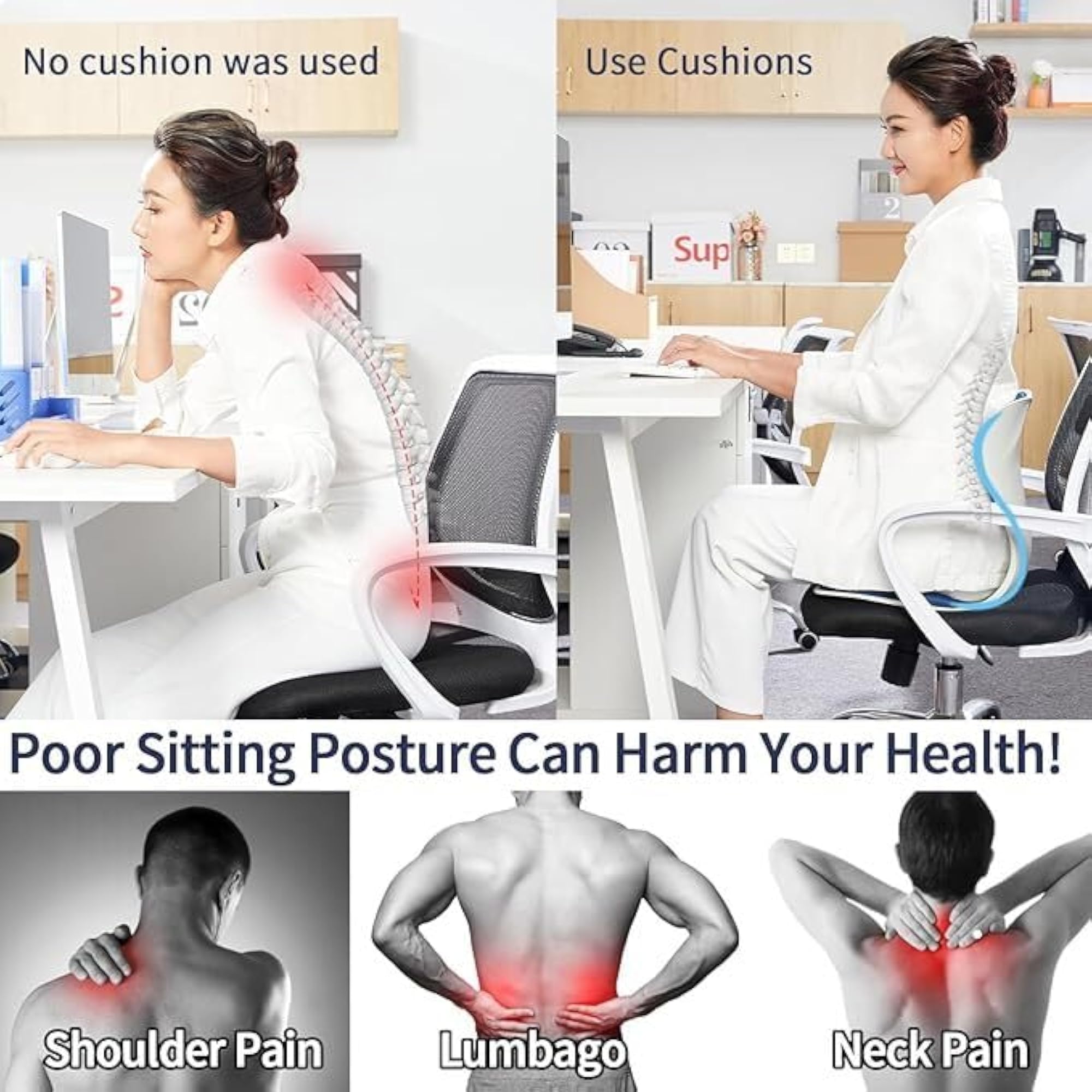 Lumbar Back Support with Hard Chair Cushion