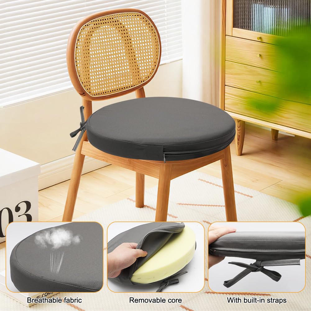 Set di cuscini per sedia rotondi con nastri, 40 cm, per esterni, impermeabili, per esterni, antiscivolo e confortevoli, per sala da pranzo, giardino, ufficio (grigio)
